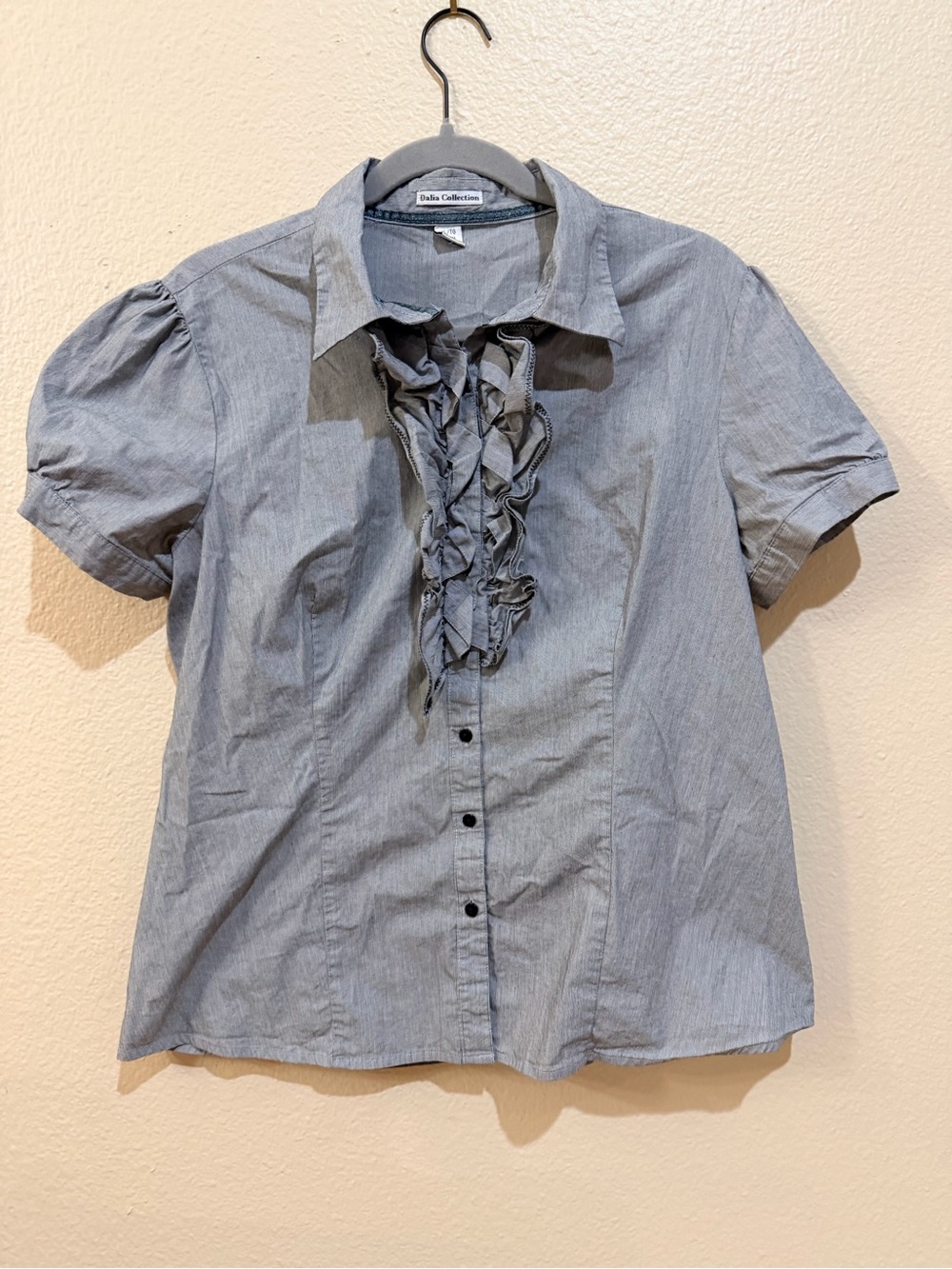 Dalia Collection Blue Striped Ruffle Front Button Up Blouse XL